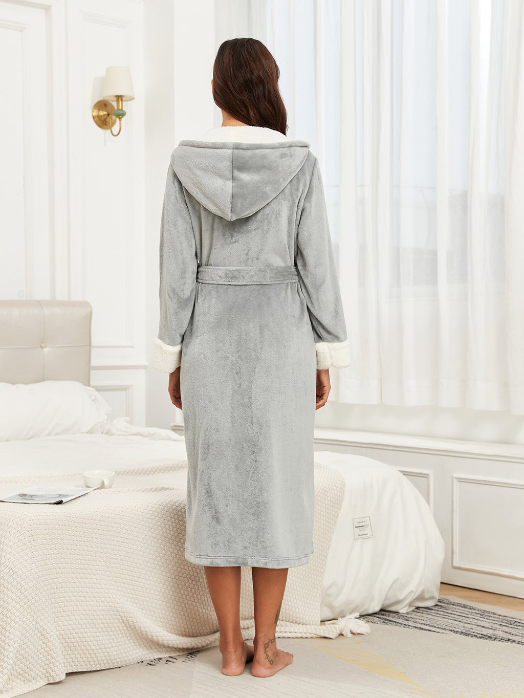 RONGTAI Womens Plush Fleece Hooded Bathrobe, Thick Nightgown Long Robe Sleepwear With Two Side Pockets And Belt