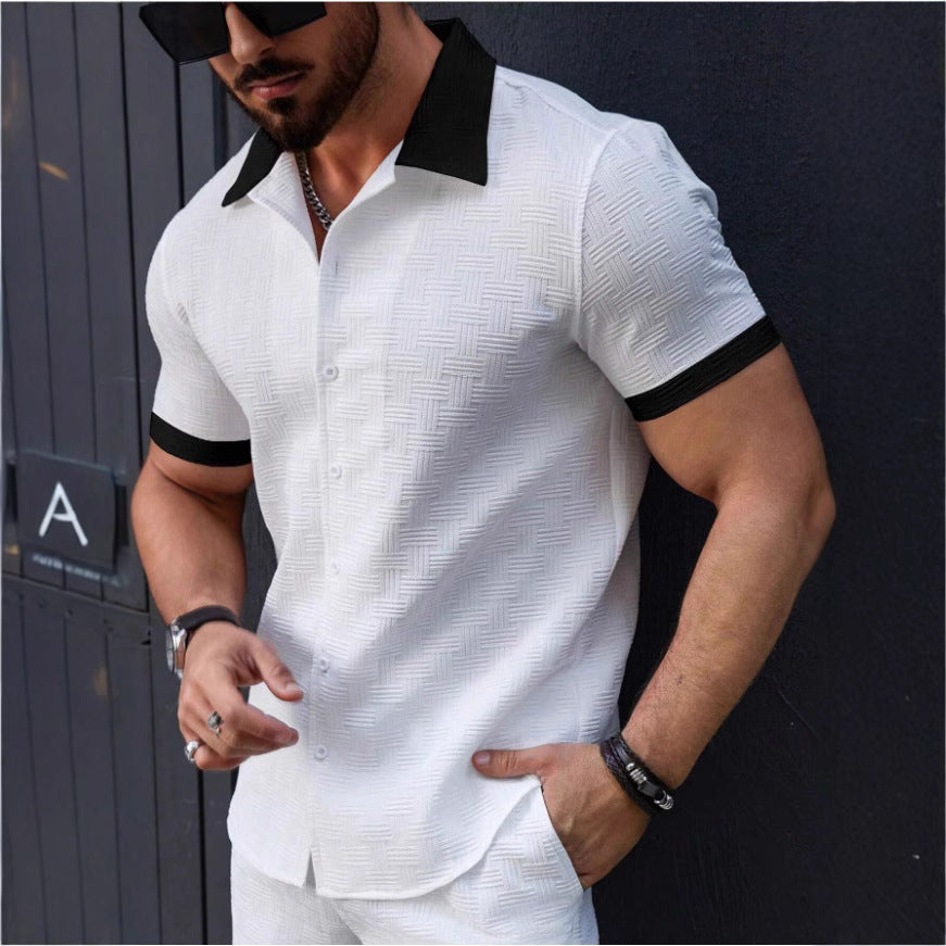 Stylish Premium Mens Jacquard Color-block Casual Short-sleeve Shirt