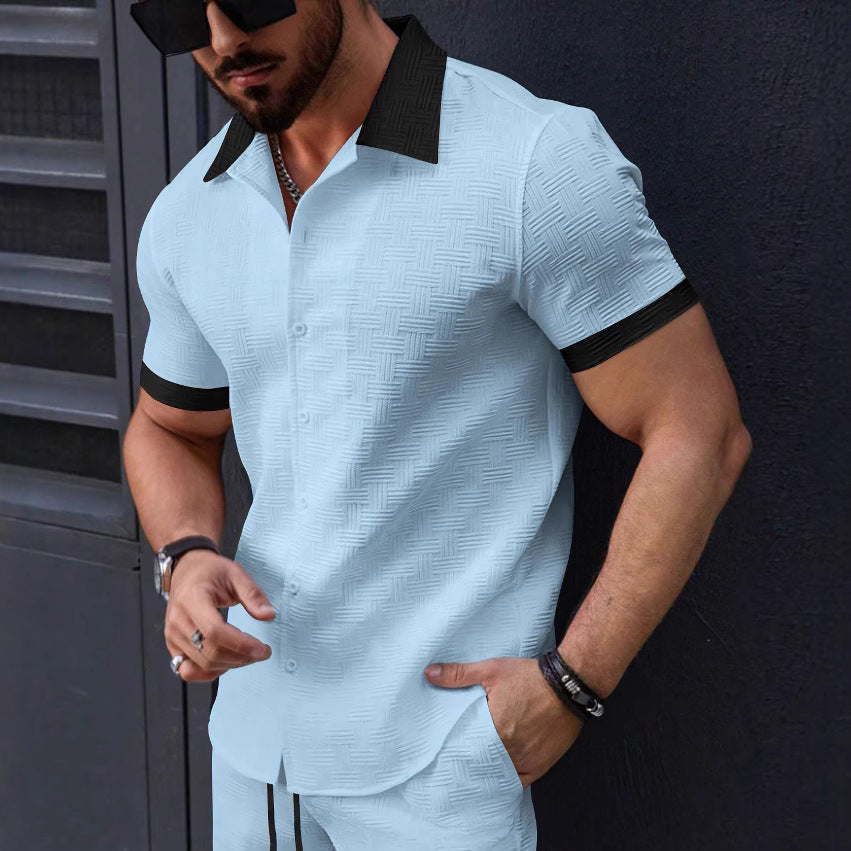 Stylish Premium Mens Jacquard Color-block Casual Short-sleeve Shirt