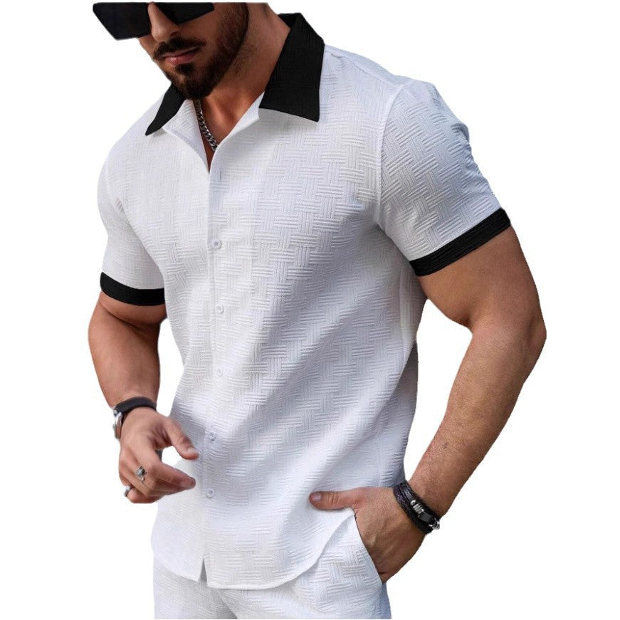 Stylish Premium Mens Jacquard Color-block Casual Short-sleeve Shirt