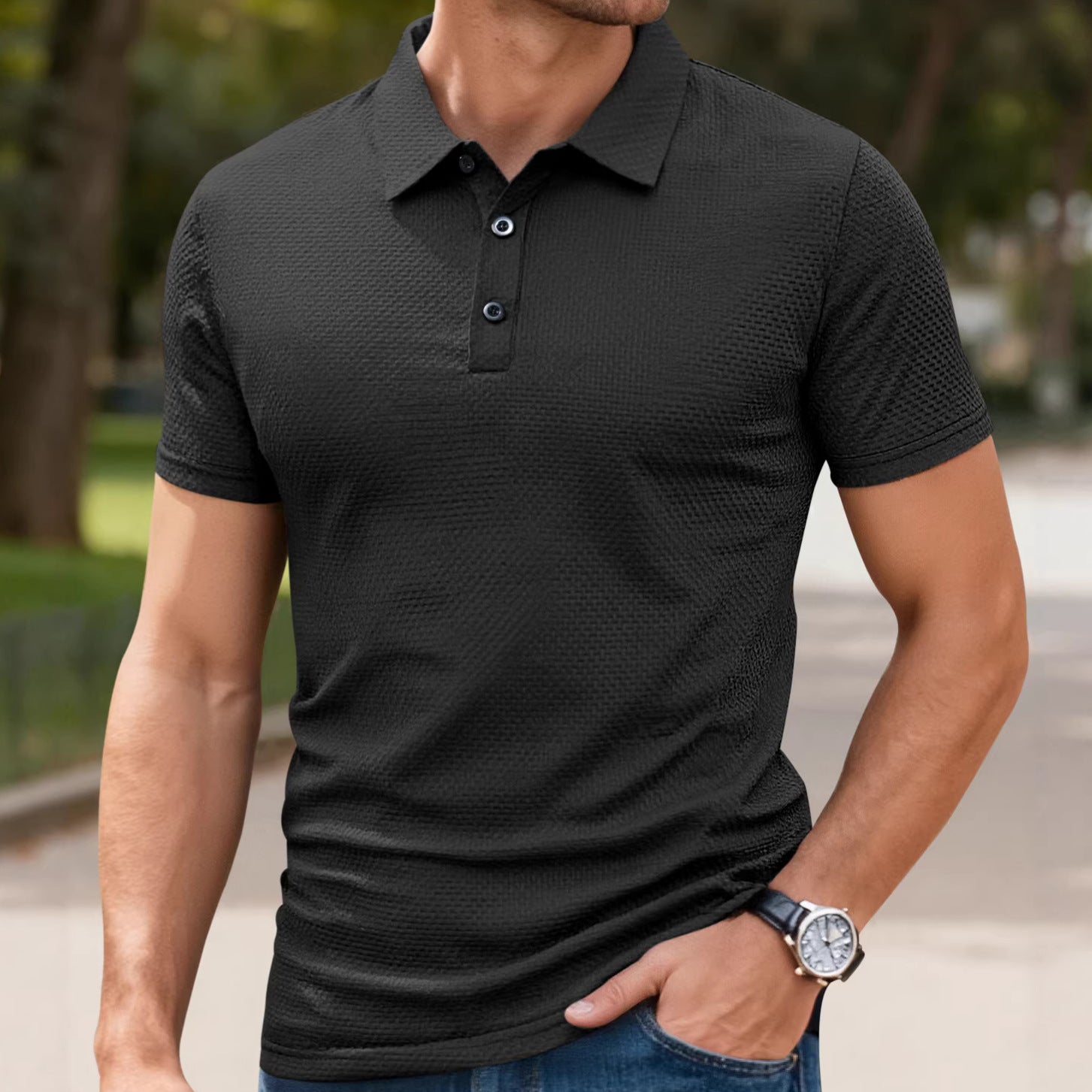 Mens Cool-Feel Short-Sleeve Lapel Button T-Shirt