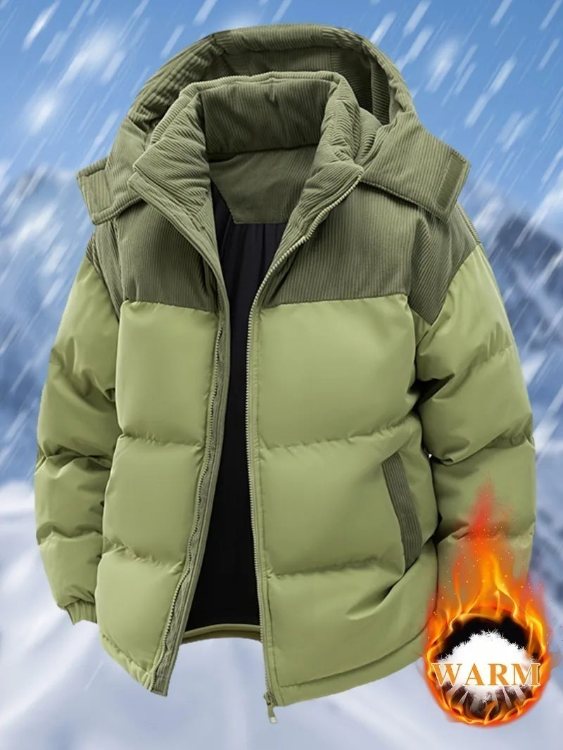 Men'S Heavy-Duty Winter Jacket - Full-Zip Hooded Coat with Zippered Pockets Non-Stretch Fabric for Cold Weather