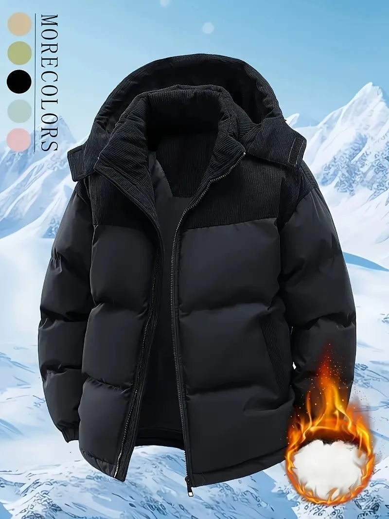 Men'S Heavy-Duty Winter Jacket - Full-Zip Hooded Coat with Zippered Pockets Non-Stretch Fabric for Cold Weather