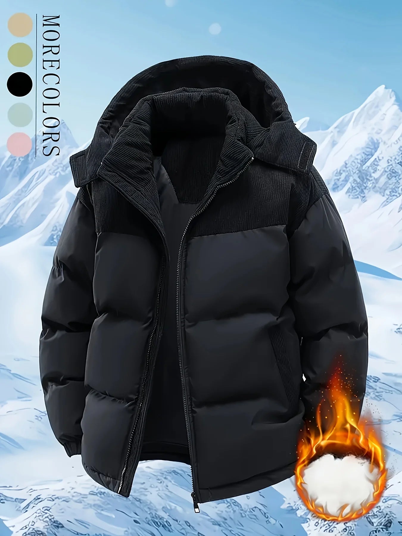 Men'S Heavy-Duty Winter Jacket - Full-Zip Hooded Coat with Zippered Pockets Non-Stretch Fabric for Cold Weather