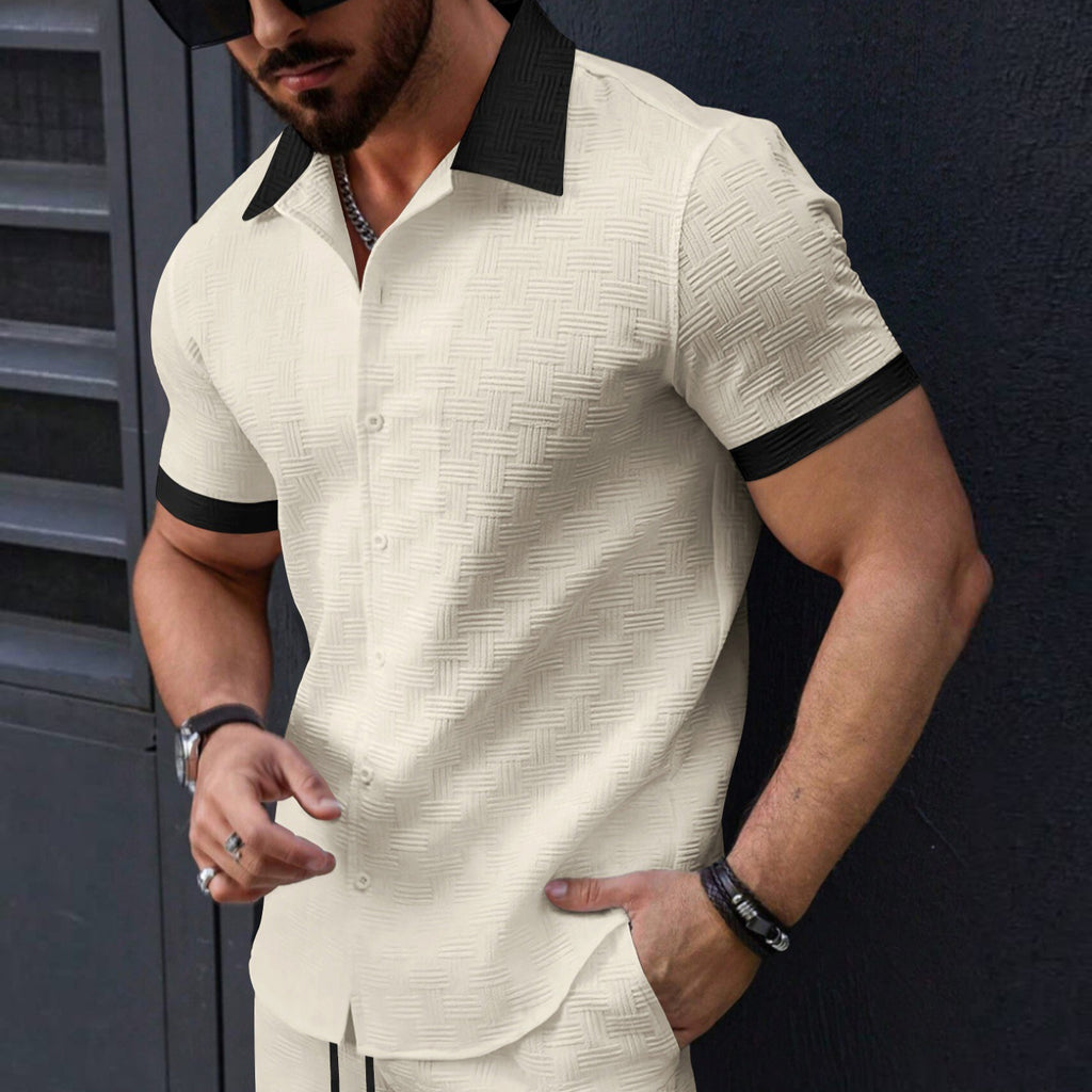 Stylish Premium Mens Jacquard Color-block Casual Short-sleeve Shirt