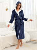 RONGTAI Womens Plush Fleece Hooded Bathrobe, Thick Nightgown Long Robe Sleepwear With Two Side Pockets And Belt