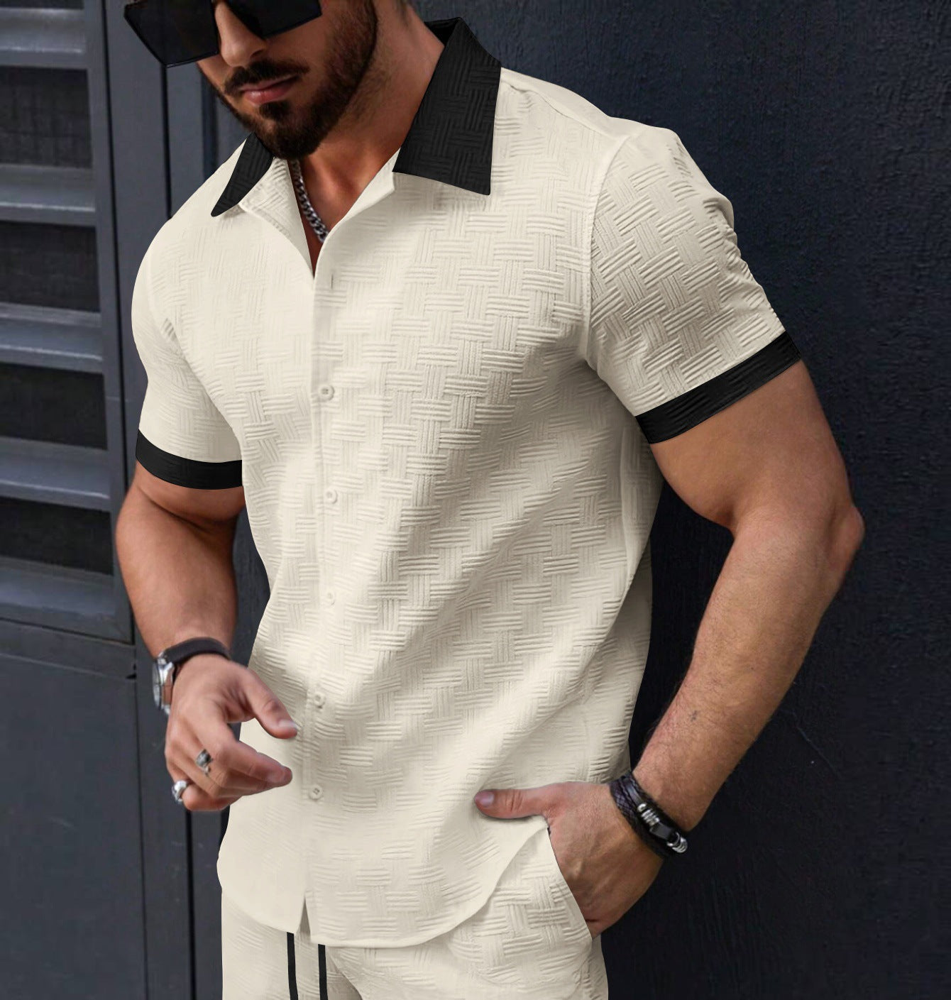Stylish Premium Mens Jacquard Color-block Casual Short-sleeve Shirt
