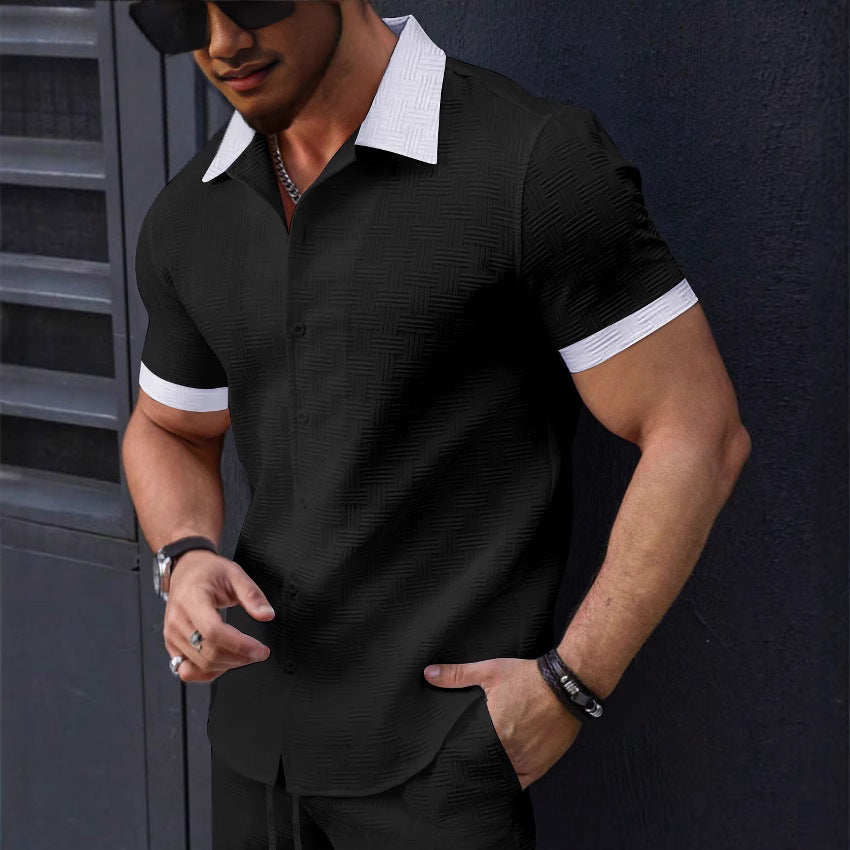 Stylish Premium Mens Jacquard Color-block Casual Short-sleeve Shirt